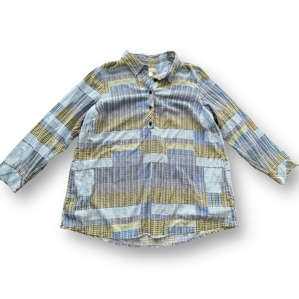 CJ Banks Blue/Yellow Polka Dot Print Pullover Blouse Women's Size 1X Coastal
